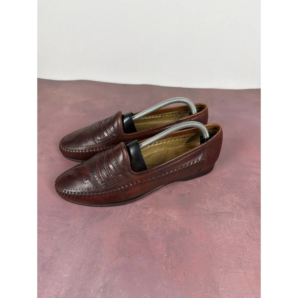 Santoni Cognac Calf Leather Loafer Brogued‎ Moc Shoes 441348 Men's 9.5D